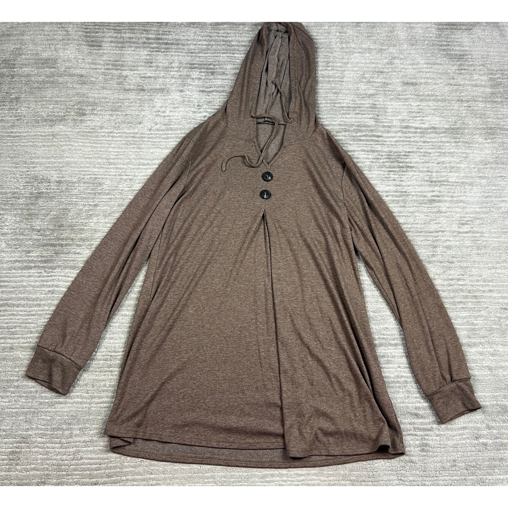 Lotusmile Hoodie Womens XL Brown Henley Long Sleeve Pleated Tunic Top Casual